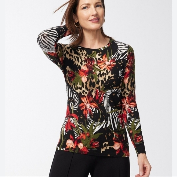 Chico's Touch of Cool Paradise Layering L/S Knit Top "Wild Poppy" Size 3-14/16 - Picture 1 of 11